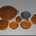 Terracotta Ceramic Vessels with Yellow Floral Patterns Including Lidded Pots Mortar Bowls and Plates