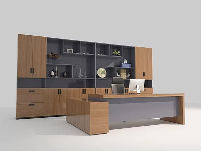 Modern Office Desk And Chair Set With Wooden Bookcase And Storage Cabinets 3d model