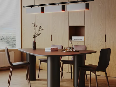 Modern Dining Table Set With Wooden Cabinets Chairs Lighting Fixture And Table Items 3d model
