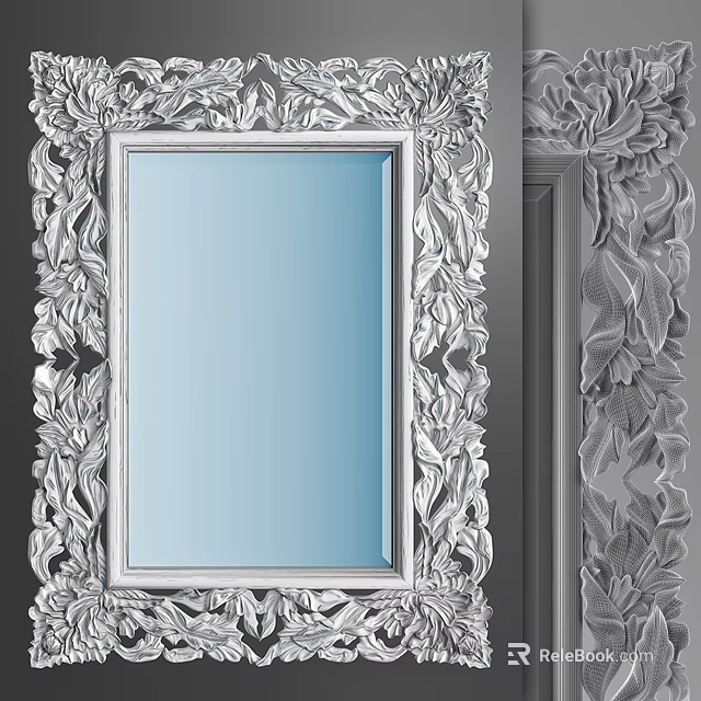 Elegant Ornate Silver Mirror With Intricate Carved Floral Frame Design 3d model 