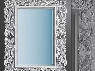 Elegant Ornate Silver Mirror With Intricate Carved Floral Frame Design 3d model