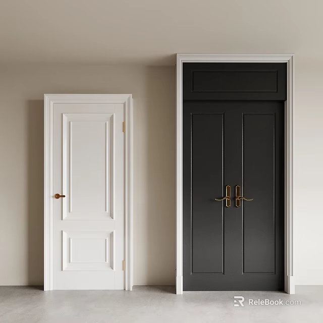 White and Black Hinged Doors with Golden Handles in Modern Interior Design 3d model 