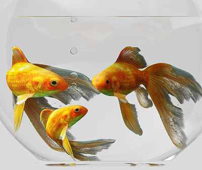 Three Small Orange Yellow Goldfish Swimming Happily in Clear Glass Aquarium 3d model