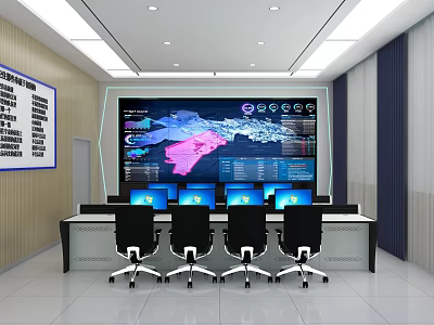 Modern Monitoring Room With Large Display Screen Multiple Monitors And Control Desk 3d model