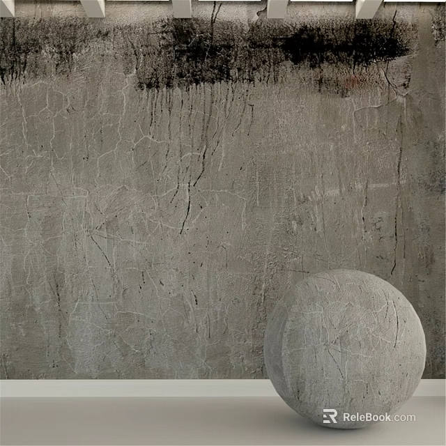 Concrete Sphere Component With Cracked Surface Against Textured Gray Wall With Black Stains 3d model 
