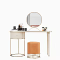 Modern White Dressing Table With Round Mirror Cosmetics And Orange Stool 3d model