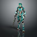 Turquoise White Futuristic Mechanical Armor Character With Biomechanical Design Holding Gun