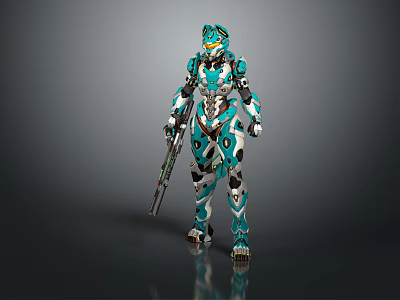 Turquoise White Futuristic Mechanical Armor Character With Biomechanical Design Holding Gun 3d model