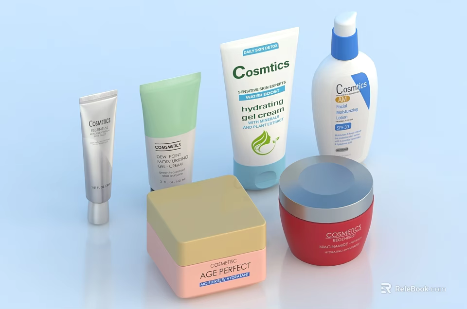 Various Cosmetics Skincare Products With Hydrating Moisturizer Lotion And Age Perfect Cream Jars 3d model 