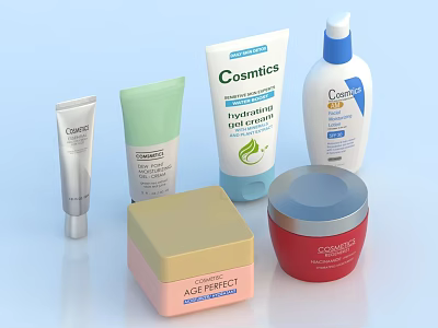 Various Cosmetics Skincare Products With Hydrating Moisturizer Lotion And Age Perfect Cream Jars 3d model
