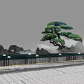 Miniature Garden Ornament Featuring Bonsai Pine Tree with Rock Formations Mist and Stone Pavement Railing