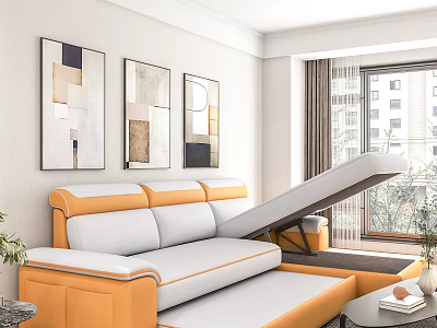 Modern Living Room With Open Orange White Convertible Sofa Bed Wall Art And Natural Light 3d model