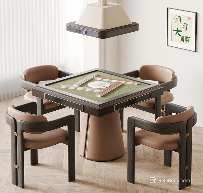 Modern Chinese Style Mahjong Table and Chair Set With Four Brown Chairs Green Tabletop Indoor 3d model 