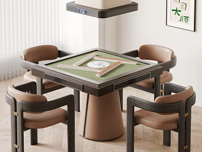Modern Chinese Style Mahjong Table and Chair Set With Four Brown Chairs Green Tabletop Indoor 3d model