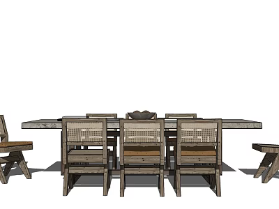 Rustic Wooden Dining Table Set With Woven Back Chairs And Side Benches 3d model