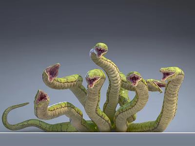 Realistic Fierce Multiple Headed Green Snake Creature With Open Mouths And Coiled Bodies 3d model
