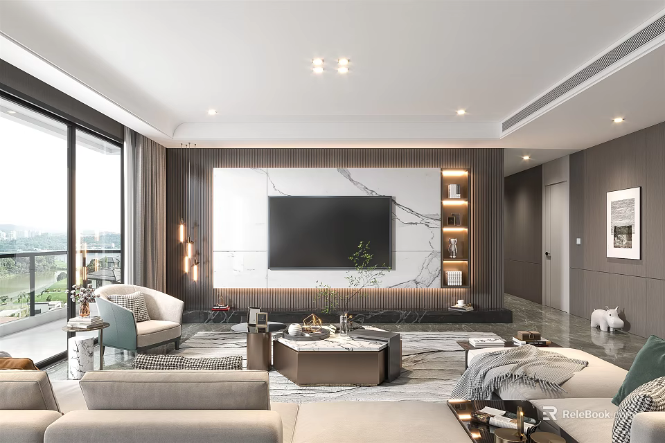 Modern Living Room Interior Design With Marble TV Wall Sofa Coffee Table And Floor-to-Ceiling Windows 3d model 