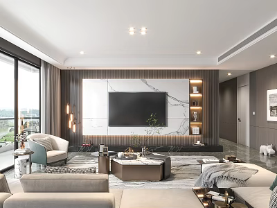 Modern Living Room Interior Design With Marble TV Wall Sofa Coffee Table And Floor-to-Ceiling Windows 3d model