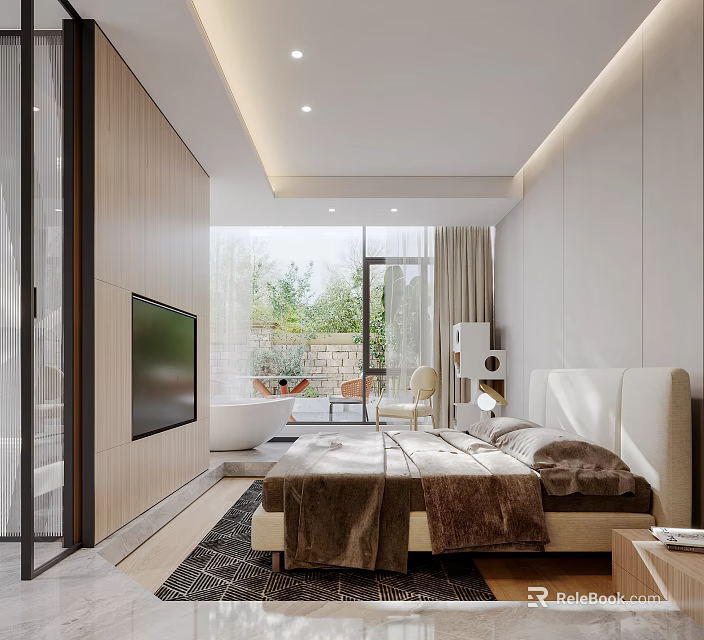 Modern Bedroom Interior Design With Large Windows Green Plant View TV And Light Colored Headboard 3d model 