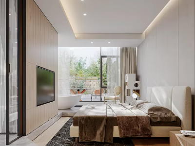 Modern Bedroom Interior Design With Large Windows Green Plant View TV And Light Colored Headboard 3d model