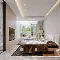 Modern Bedroom Interior Design With Large Windows Green Plant View TV And Light Colored Headboard