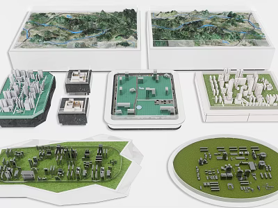 Detailed City Planning Architectural Scale Models with Terrain Features and Green Building Layouts 3d model
