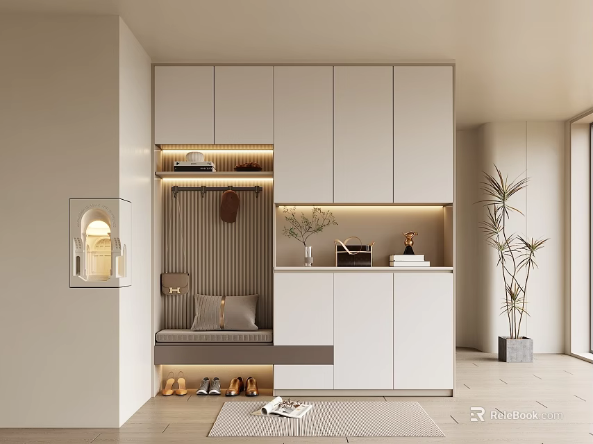 Modern Luxury Shoe Cabinet with Shoe Bench Clothing Hanging Area LED Strip Lights Storage Cabinets 3d model 