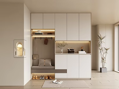 Modern Luxury Shoe Cabinet with Shoe Bench Clothing Hanging Area LED Strip Lights Storage Cabinets 3d model