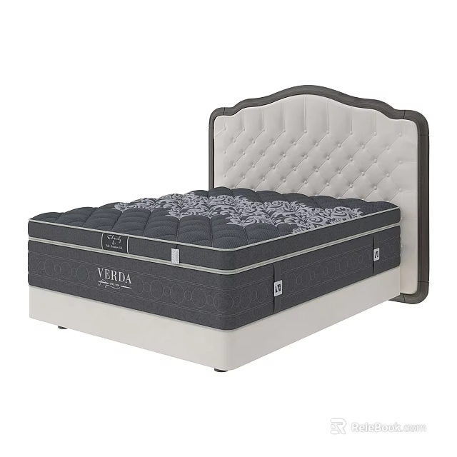 Double Bed with Diamond Tufted Light Colored Headboard Dark Border and VERDA Mattress Patterned Cover 3d model 