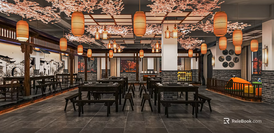 Traditional Chinese Hotpot Restaurant Interior With Wooden Tables Lanterns And Cherry Blossom Decor 3d model 