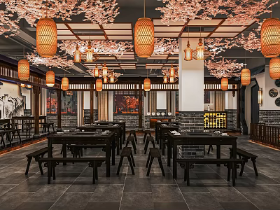 Traditional Chinese Hotpot Restaurant Interior With Wooden Tables Lanterns And Cherry Blossom Decor 3d model
