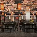 Traditional Chinese Hotpot Restaurant Interior With Wooden Tables Lanterns And Cherry Blossom Decor