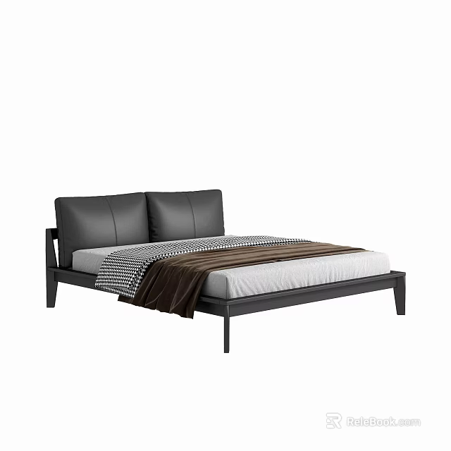Modern Double Bed With Black Leather Headboard And Metal Frame Gray Brown Bedding 3d model 