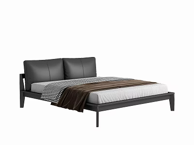 Modern Double Bed With Black Leather Headboard And Metal Frame Gray Brown Bedding 3d model