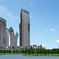 Modern High Rise Office Buildings in Urban Planning With River And Greenery