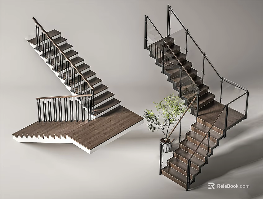 Elegant Modern Staircase Interior Design With Wooden Steps And Glass Railings 3d model 