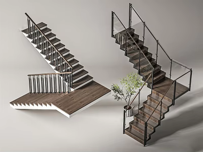 Elegant Modern Staircase Interior Design With Wooden Steps And Glass Railings 3d model
