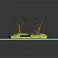 Cartoon Island Scene With Palm Trees Rocks Hut Boat And SOS Sign On Sand