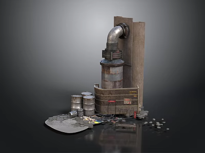 Industrial Abandoned Scene Featuring Rusty Metal Pipes Barrels And Scattered Debris 3d model