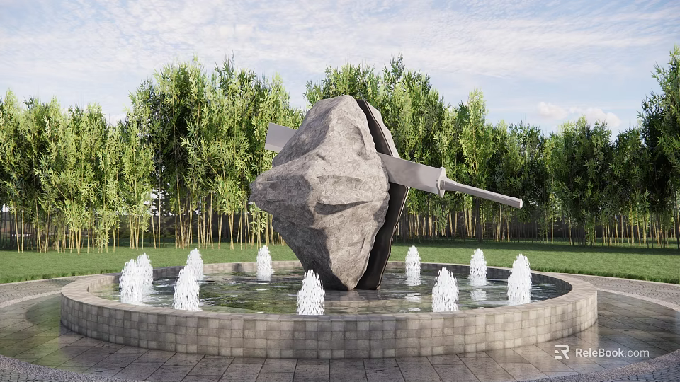 Garden Landscape with Large Stone Sculpture Circular Pool Fountains and Green Trees 3d model 