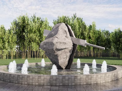 Garden Landscape with Large Stone Sculpture Circular Pool Fountains and Green Trees 3d model