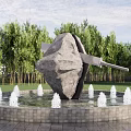 Garden Landscape with Large Stone Sculpture Circular Pool Fountains and Green Trees