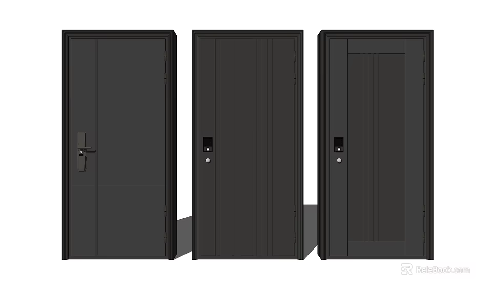 Stylish Black Security Doors With Various Panel Designs And Secure Locks 3d model