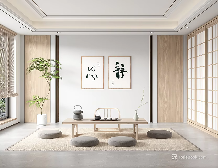 Japanese Tea Room Interior With Wooden Elements Calligraphy Artworks Tea Sets And Tatami Cushions 3d model 