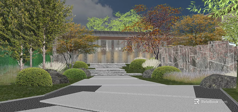 Garden Landscape Design With Stone Steps Pathway Trimmed Shrubs And Trees 3d model 