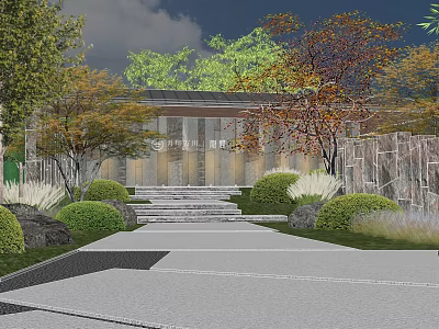 Garden Landscape Design With Stone Steps Pathway Trimmed Shrubs And Trees 3d model