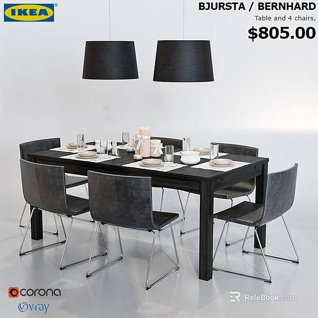 Modern Dining Room Interior with Black Table Gray Chairs Set Pendant Lights Tableware 3d model
