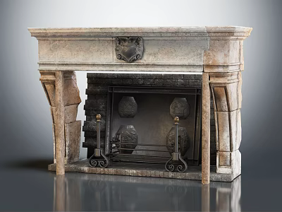 Ornate Traditional Stone Fireplace With Intricate Carved Details And Iron Grates Design 3d model