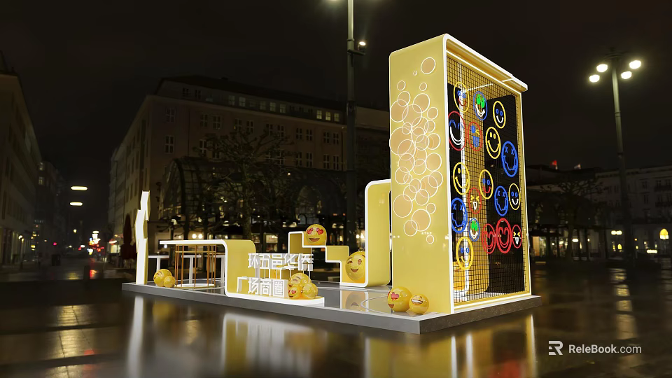 Hainan Famous Snacks Square Stall with Yellow Structure and Night Decor 3d model 