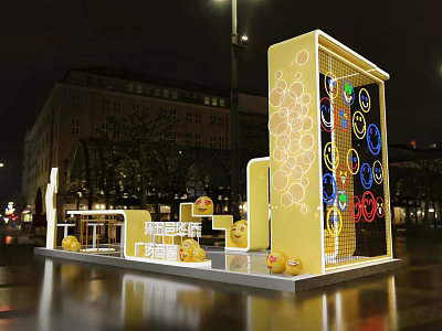 Hainan Famous Snacks Square Stall with Yellow Structure and Night Decor 3d model